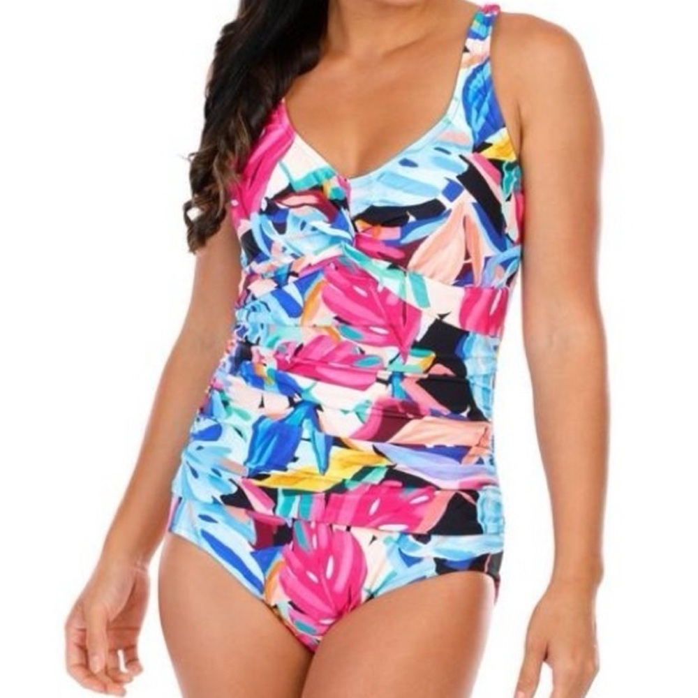 Maxine of Hollywood Abstract Floral One Piece Swimsuit v-neck ruching 14